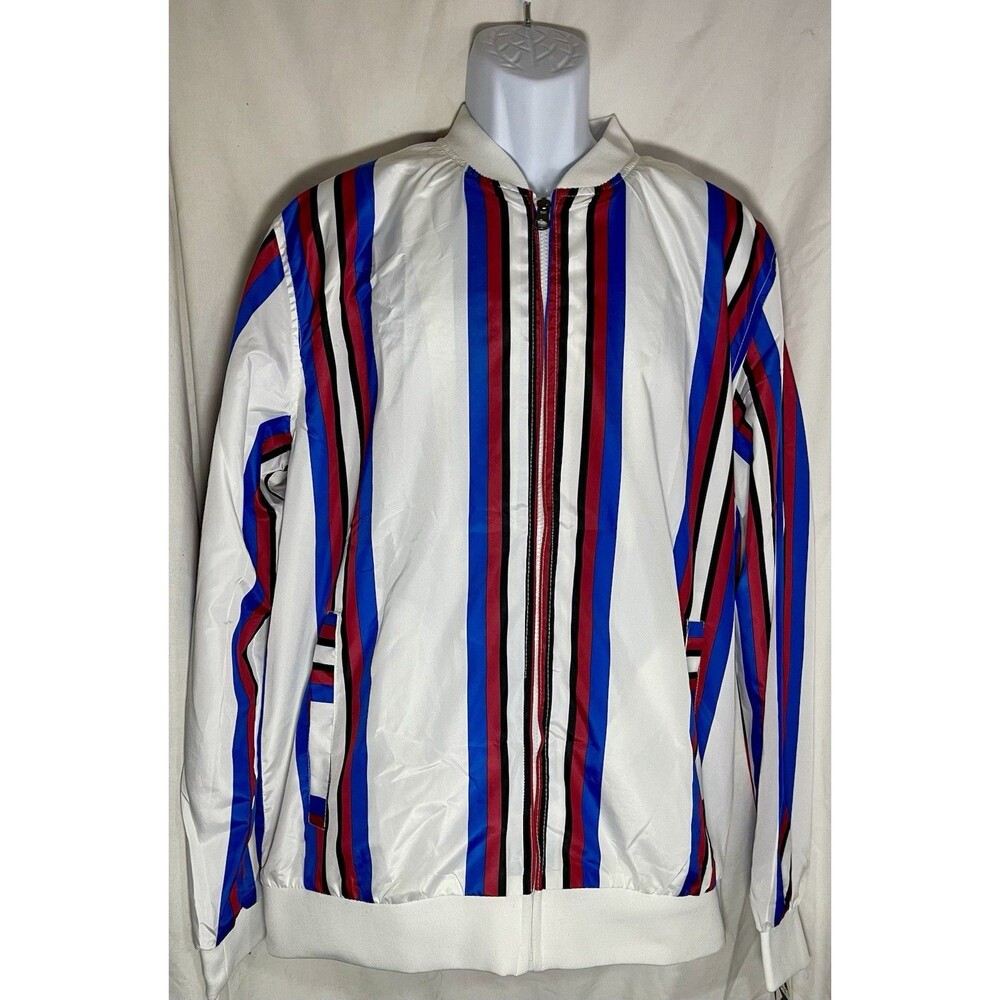 New G-NET Men’s Windbreaker Jacket XL White Royal Blue Red Striped Bomber NWT